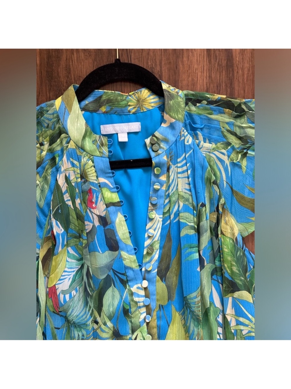 ANTONIO MELANI Blue and Green Tropical Print Tiered Dress - Picture 10 of 11